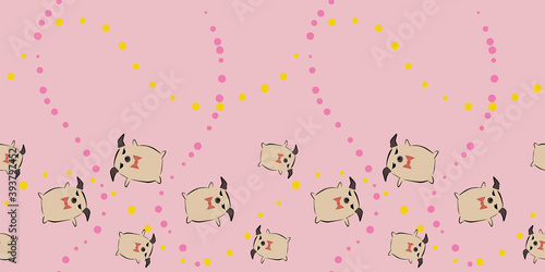 Pug Dog Bow Tie Spots Frame Border seamless pattern. 