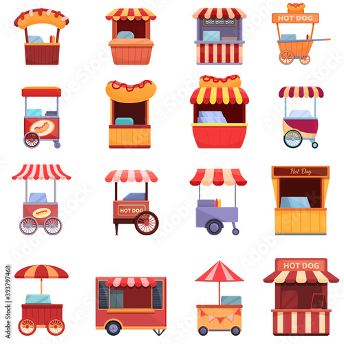 Hot dog cart icons set. Cartoon set of hot dog cart vector icons for web design