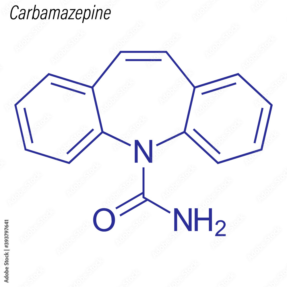 Vector Skeletal formula of Carbamazepine. Drug chemical molecule. Vector Skeletal formula of Carbamazepine. Drug chemical molecule.