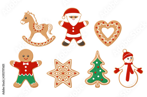 Set of gingerbread cookies isolated on white background. Santa claus, horse, snowman, heart, star, Christmas tree, gingerbread man. Vector illustration in cartoon flat style.