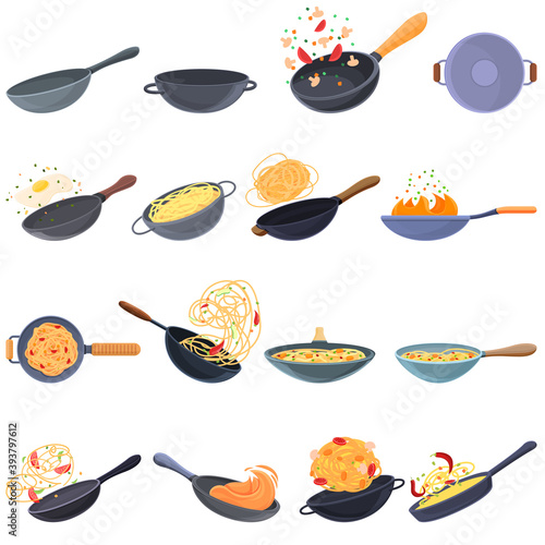 Wok frying pan icons set. Cartoon set of wok frying pan vector icons for web design