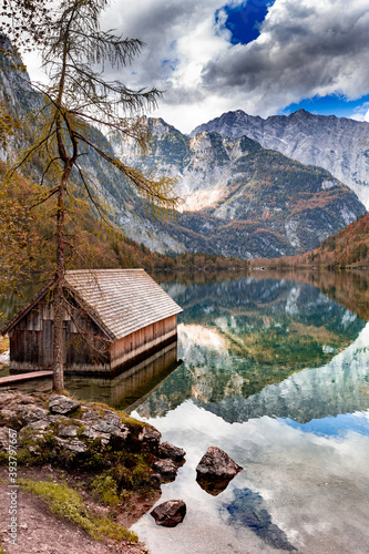 Boat house at the Obersee in Berchtesgadener Land, Bavaria, Germany.