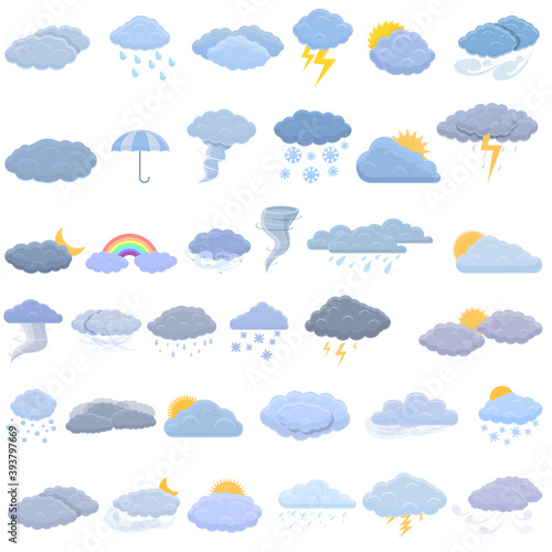 Cloudy weather icons set. Cartoon set of cloudy weather vector icons for web design
