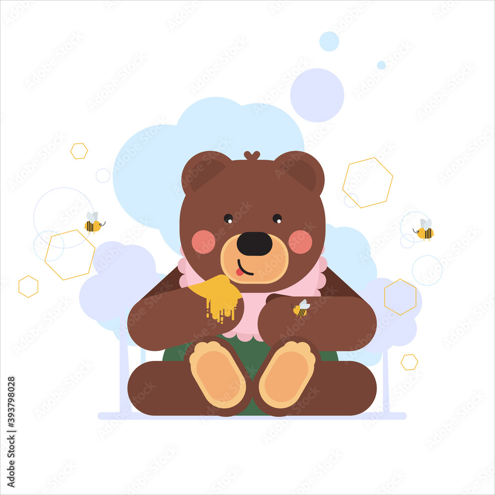Bear eating honey, flying bees. Cartoon flat style. For garment print, cards, sticker, child school items, language educational course. Vector illustration.