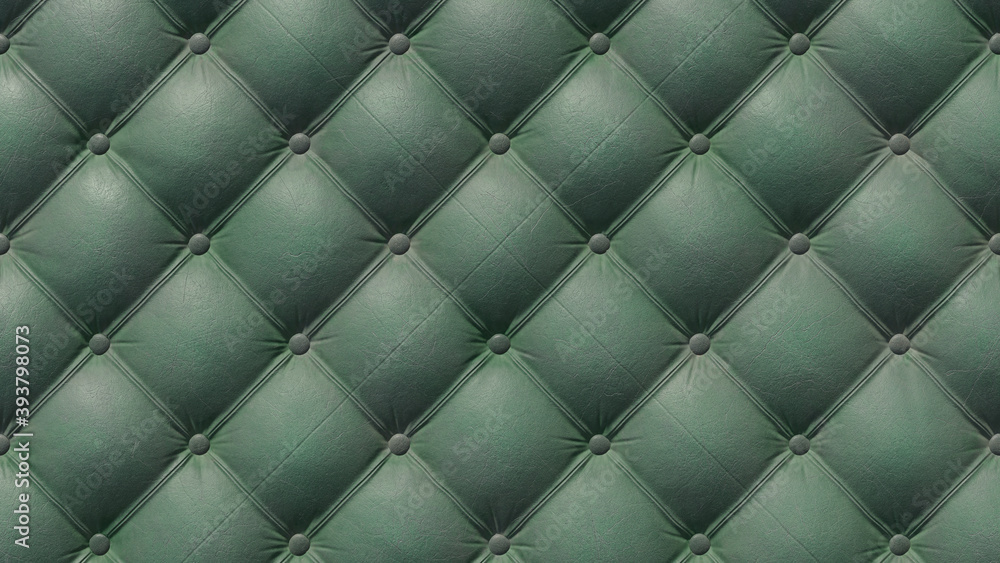 Close-up background of green vintage Chesterfield leather sofa. 3D-rendering
