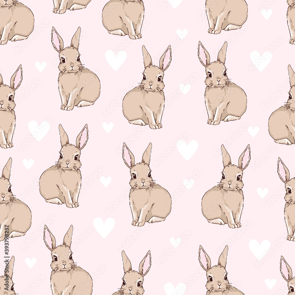 Cute rabbits and heart background vector seamless pattern