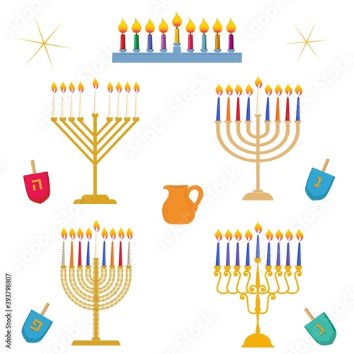 Different types of Hanukkah, Festival of Light, traditional golden menorah candelabrum with colorful candles vector illustration set, dreidels with hebrew letters and oil jar icons isolated on white.