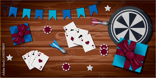 Top view of a wooden table with items for gambling and sports games. The card for party with presents. Greeting card for father s day, international men s day. Brutal bright illustration for men s