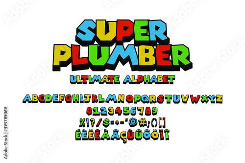 Fun video game colorful ultimate alphabet. Fake 3D vector typography illustration