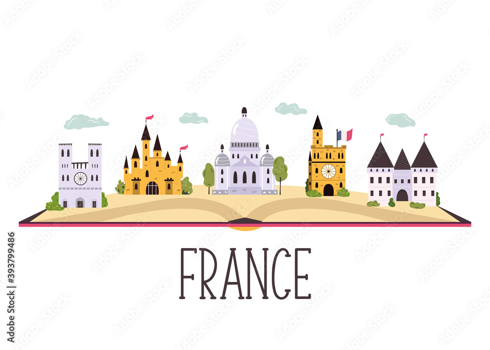 Abstract banner with famous buildings, landmarks of France. Vector hand drawn banner