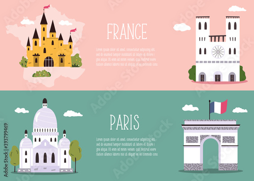 Abstract banners with famous symbols and landmarks of France and Paris.