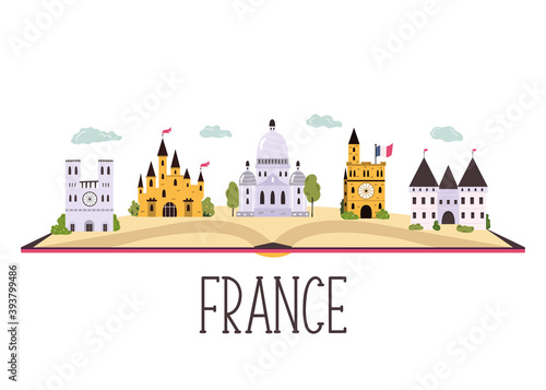 Abstract banner with famous buildings, landmarks of France. Vector hand drawn banner