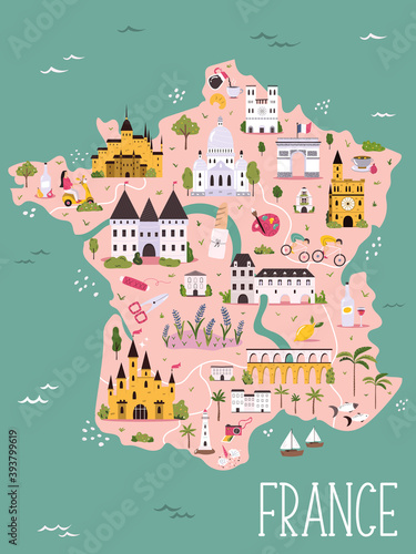 France hand drawn vector map with famous symbols, landmarks of the country.
