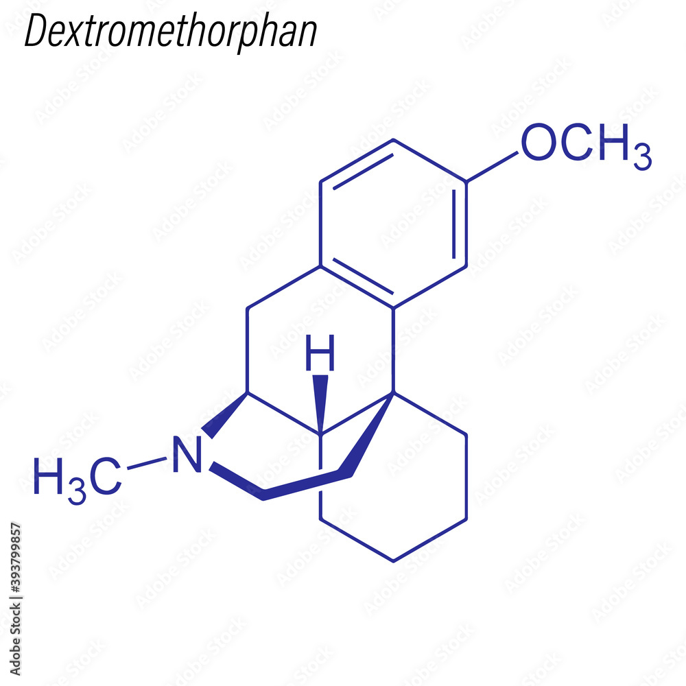 Vector Skeletal formula of Dextromethorphan. Drug chemical molecule. Vector Skeletal formula of Dextromethorphan. Drug chemical molecule.