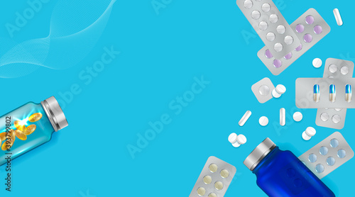 Pharmacology background, medicine card, Pharmacy Posters, healthcare presentation, Medication Concept. Template design with drugs and Pills, capsules. Copy space