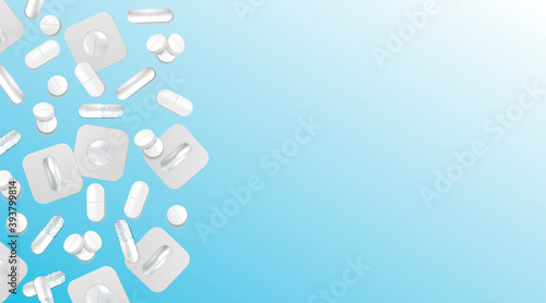 Pharmacology background, medicine card, Pharmacy Posters, healthcare presentation, Medication Concept. Template design with drugs and Pills, dragees, capsules and medical bottles. Copy space