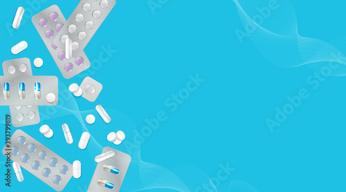 Pharmacology background, medicine card, Pharmacy Posters, healthcare presentation, Medication Concept. Template design with drugs and Pills, dragees, capsules and medical bottles. Copy space