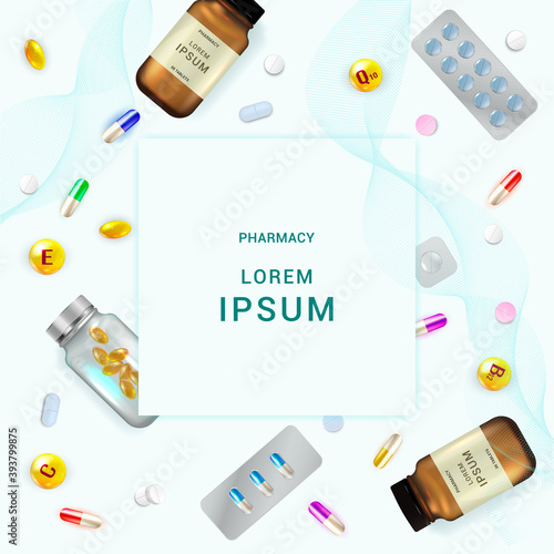 Pharmacology background, medicine card, Pharmacy Posters, healthcare presentation, Medication Concept. Template design with drugs and Pills, dragees, capsules and medical bottles. Copy space