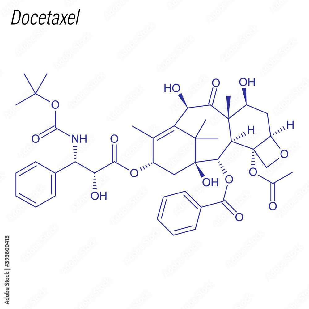 Vector Skeletal formula of Docetaxel. Drug chemical molecule.