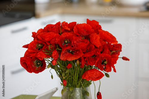 red poppies flowers in a vase on the table