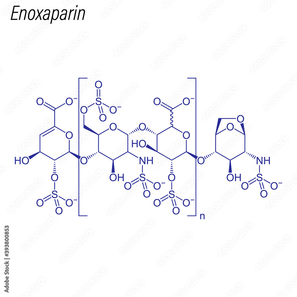 Vector Skeletal formula of Enoxaparin. Drug chemical molecule. Vector Skeletal formula of Enoxaparin. Drug chemical molecule.