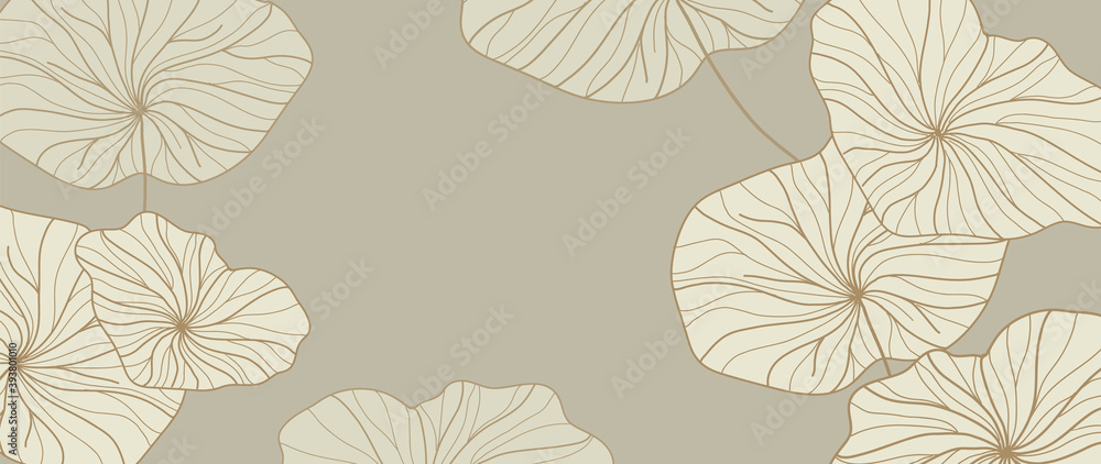 Golden lotus leaf line arts on dark background, Luxury gold wallpaper design for prints, banner, fabric, poster, cover, digital arts vector illustration.