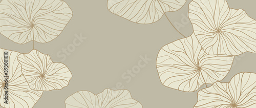Golden lotus leaf line arts on dark background, Luxury gold wallpaper design for prints, banner, fabric, poster, cover, digital arts vector illustration.