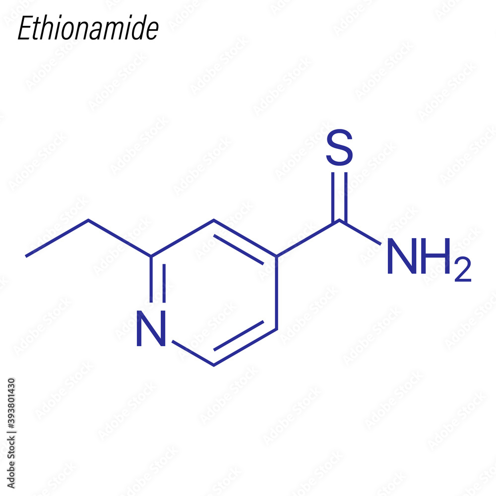 Vector Skeletal formula of Ethionamide. Drug chemical molecule. Vector Skeletal formula of Ethionamide. Drug chemical molecule.