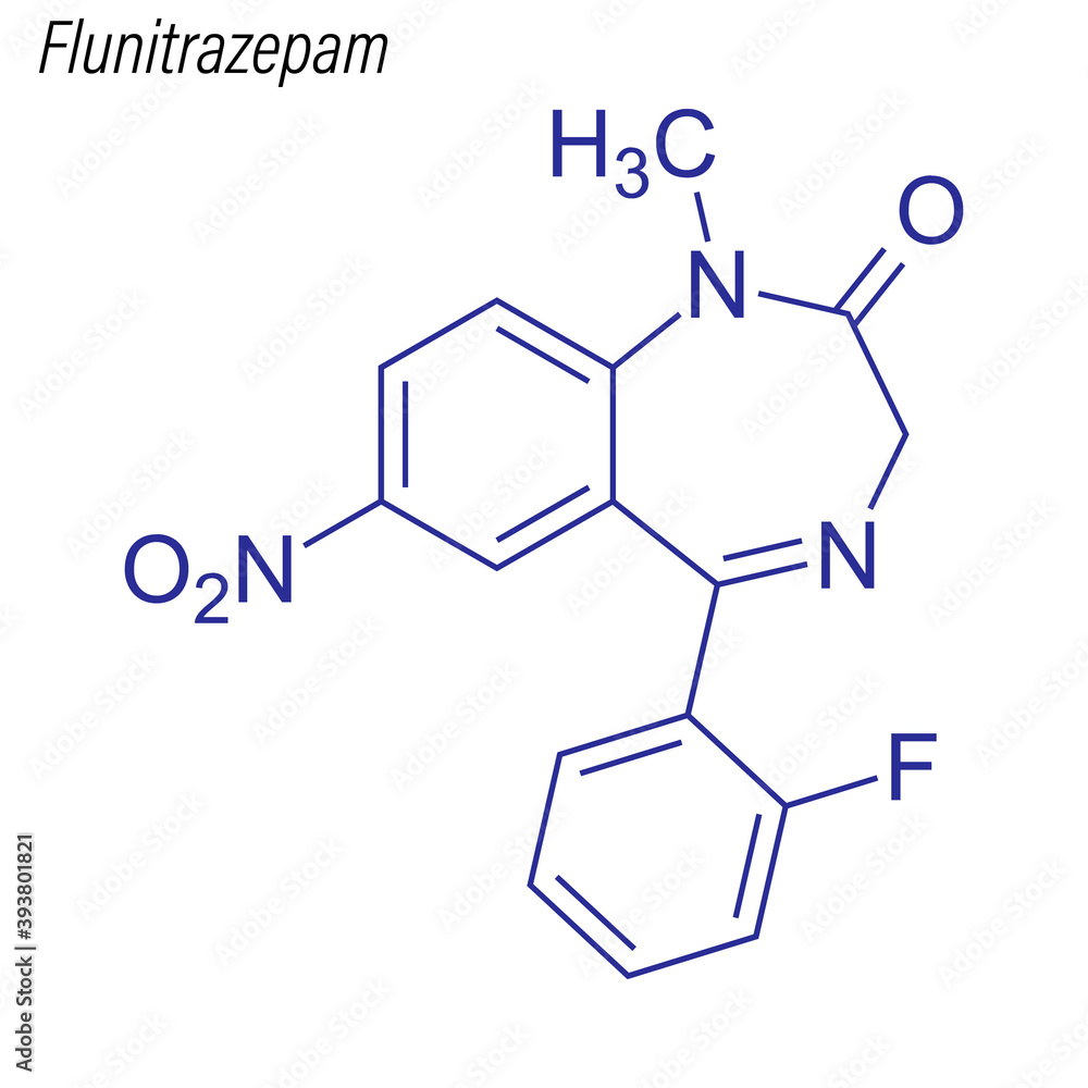 Vector Skeletal formula of Flunitrazepam. Drug chemical molecule. Vector Skeletal formula of Flunitrazepam. Drug chemical molecule.