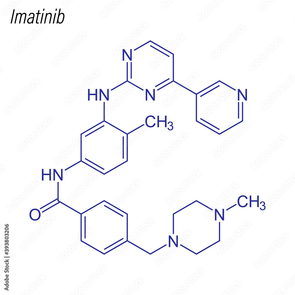 Vector Skeletal formula of Imatinib. Drug chemical molecule. Vector Skeletal formula of Imatinib. Drug chemical molecule.