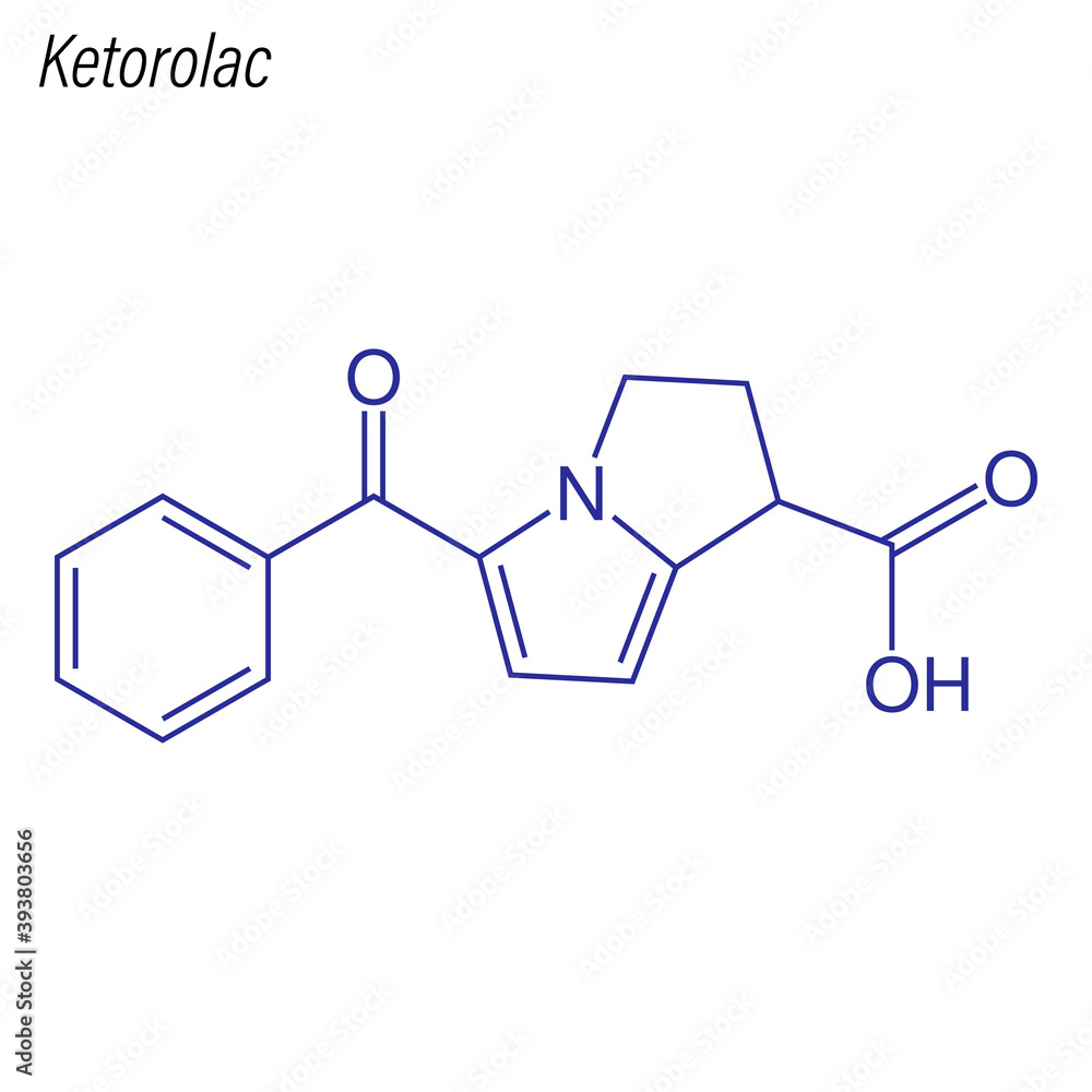 Vector Skeletal formula of Ketorolac. Drug chemical molecule.