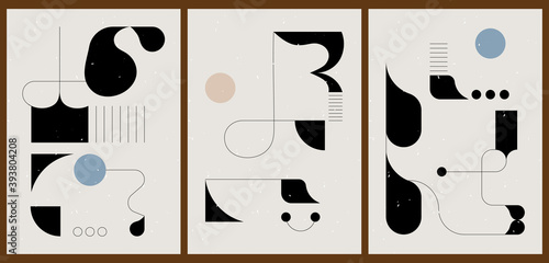 A set of three colorful aesthetic geometric backgrounds. Minimalistic posters for social media, cover design, web, home decor. Vintage illustrations with stripes, shapes, circles, lines.