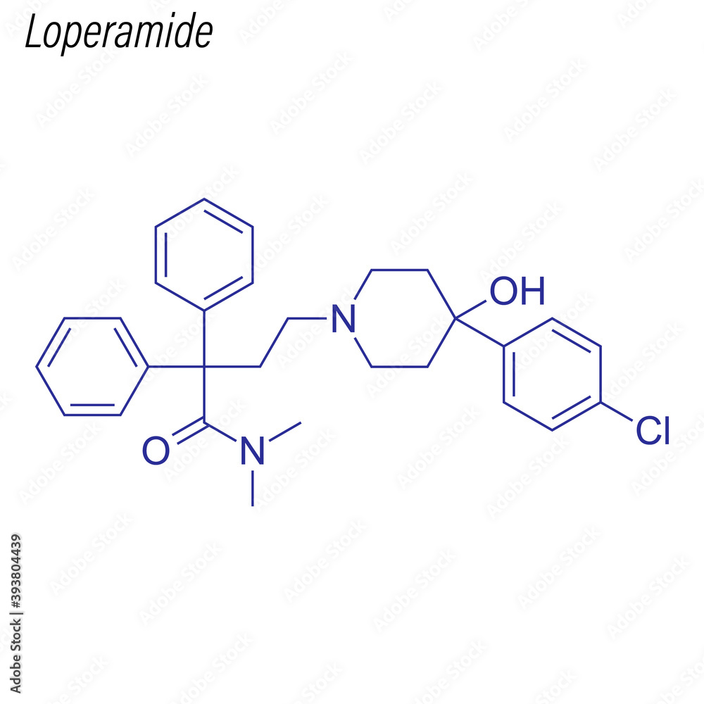 Vector Skeletal formula of Loperamide. Drug chemical molecule.