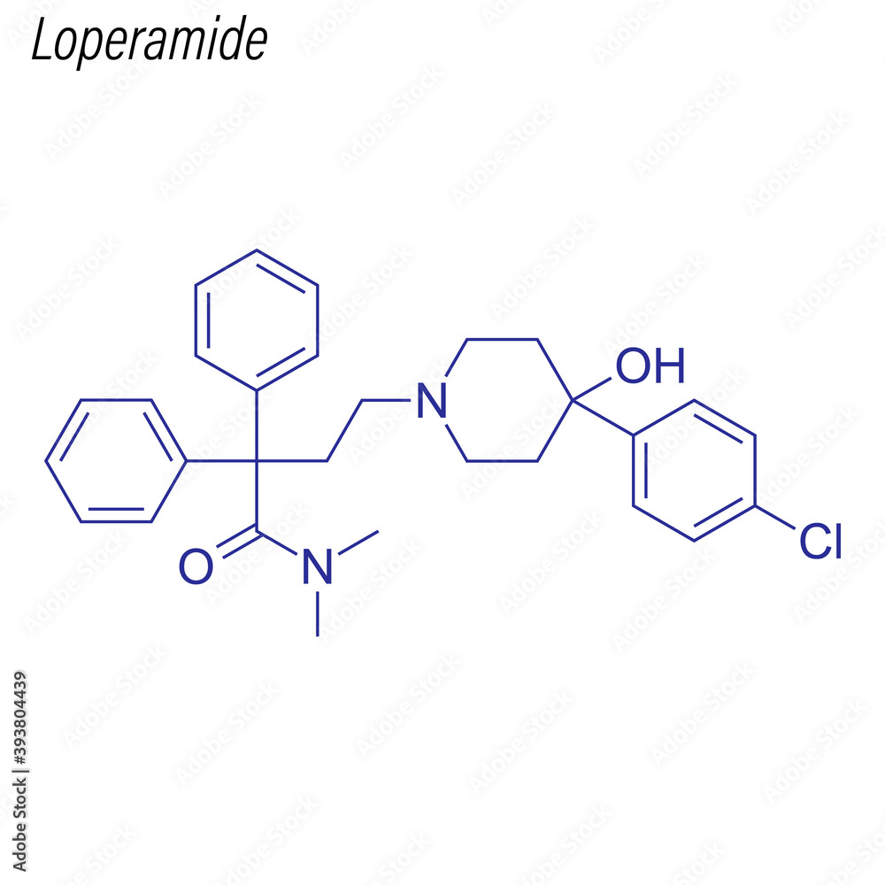 Vector Skeletal formula of Loperamide. Drug chemical molecule. Vector Skeletal formula of Loperamide. Drug chemical molecule.