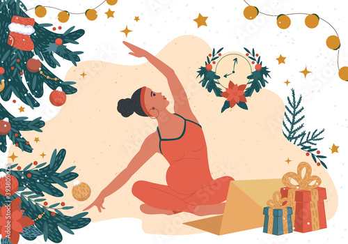 Pregnant woman practices yoga in front of a laptop monitor. New Year and Christmas master classes for expectant mothers online. Flat vector illustration
