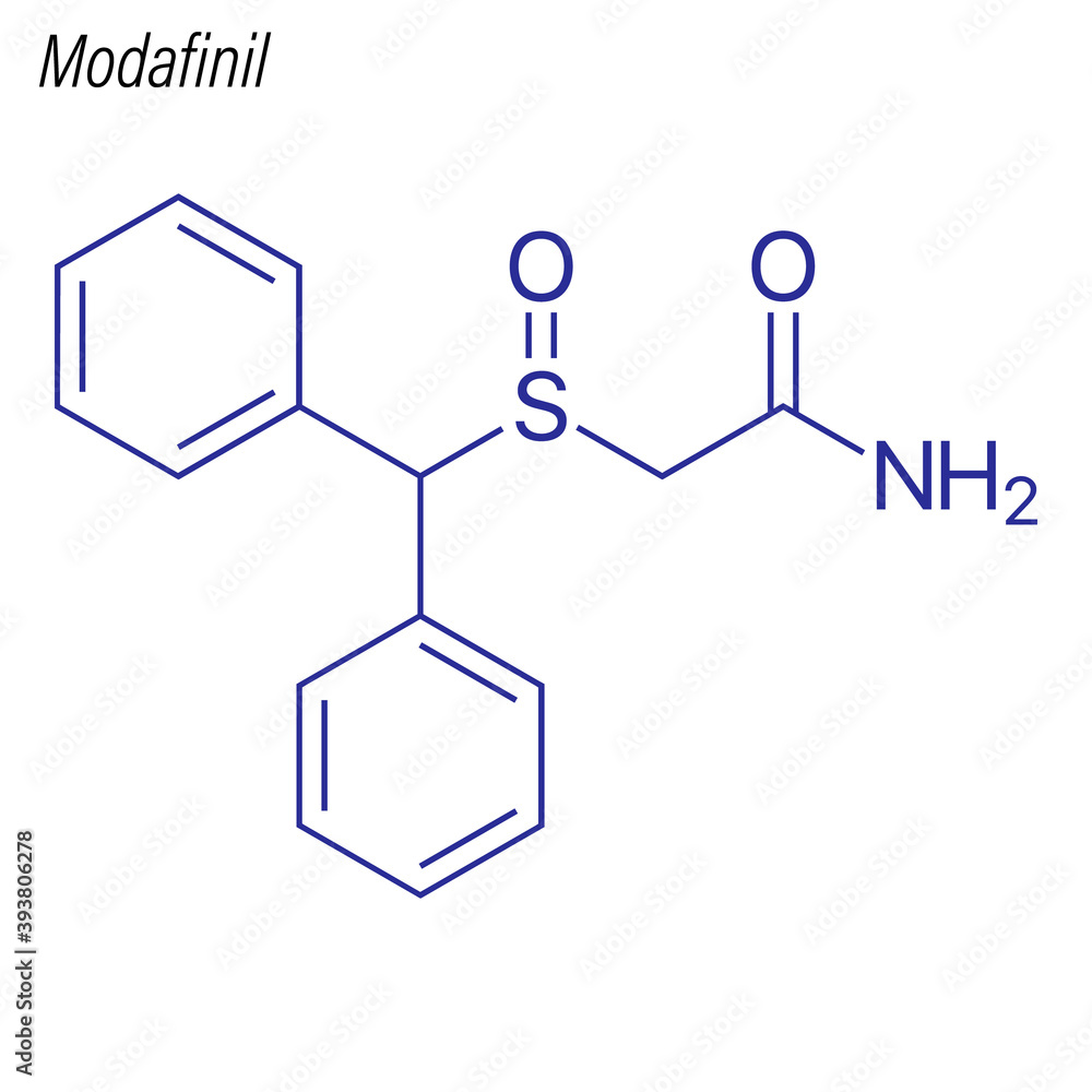 Vector Skeletal formula of Modafinil. Drug chemical molecule.
