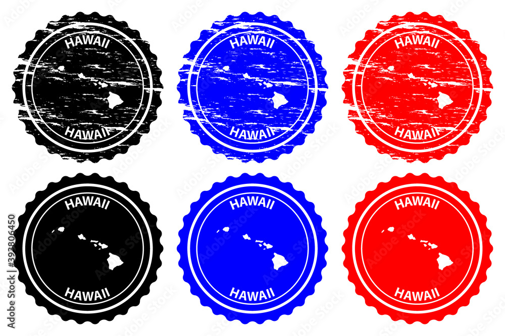 Hawaii - rubber stamp - vector, Hawaii map pattern - sticker - black, blue and red