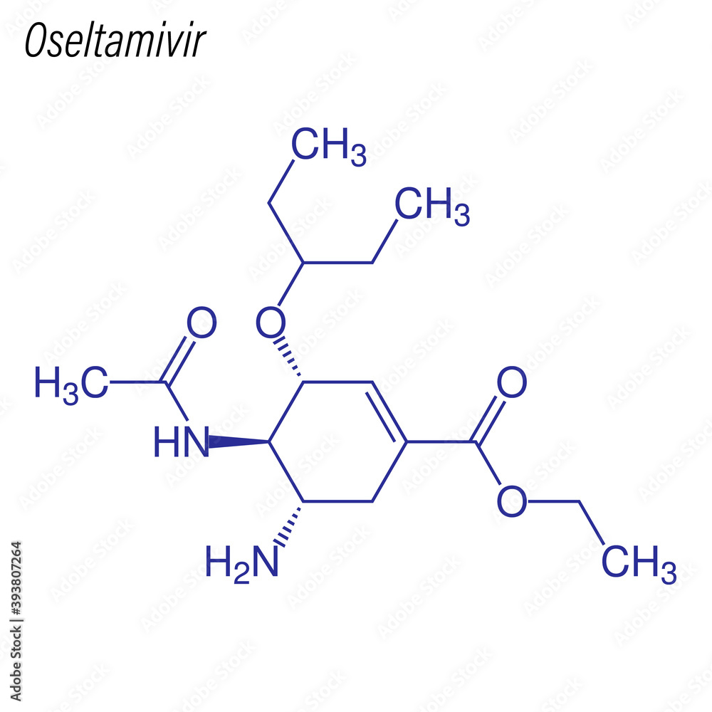 Vector Skeletal formula of Oseltamivir. Drug chemical molecule. Vector Skeletal formula of Oseltamivir. Drug chemical molecule.