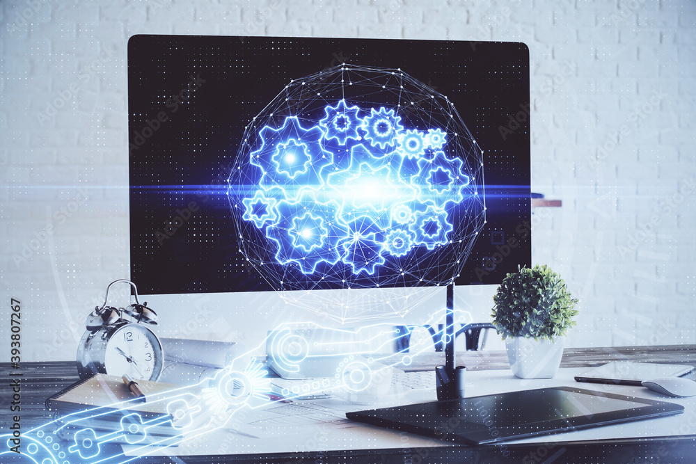Double exposure of desktop with computer on background and tech theme drawing. Concept of big data. Double exposure of desktop with computer on background and tech theme drawing. Concept of big data.
