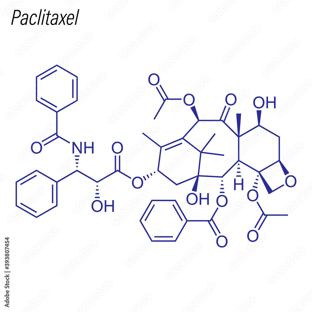 Vector Skeletal formula of Paclitaxel. Drug chemical molecule. Vector Skeletal formula of Paclitaxel. Drug chemical molecule.