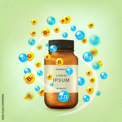 Multivitamins and minerals poster, flyer design template. Multivitamins and minerals complex. 