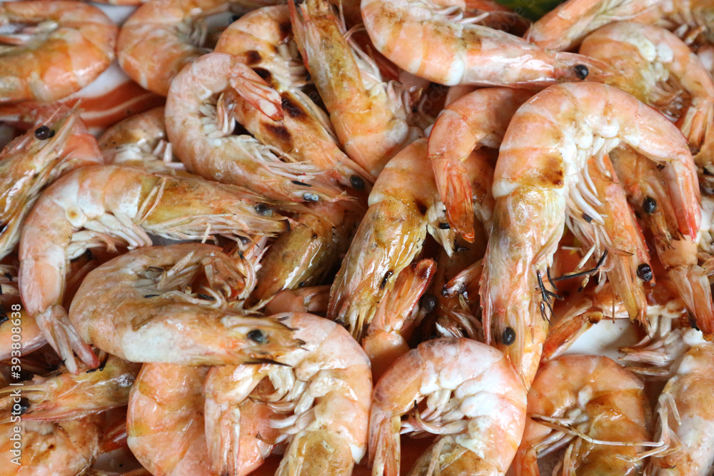 Surface of grilled shrimp, seafood.