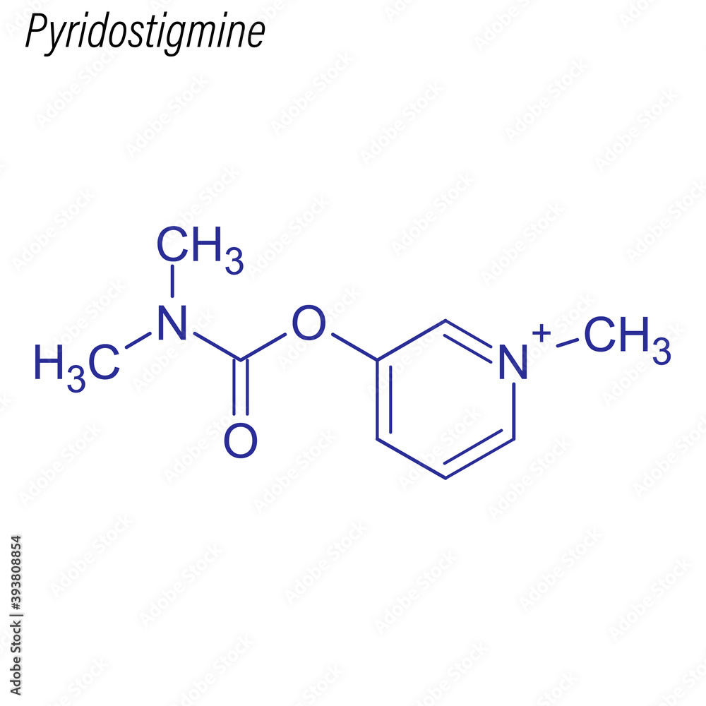 Vector Skeletal formula of Pyridostigmine. Drug chemical molecule. Vector Skeletal formula of Pyridostigmine. Drug chemical molecule.