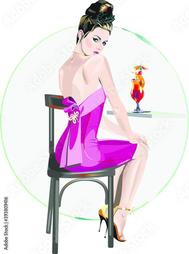 Vector illustration of a beautiful girl in a café.  Ideal content for promotional presentations, websites, online magazines, business owners. 