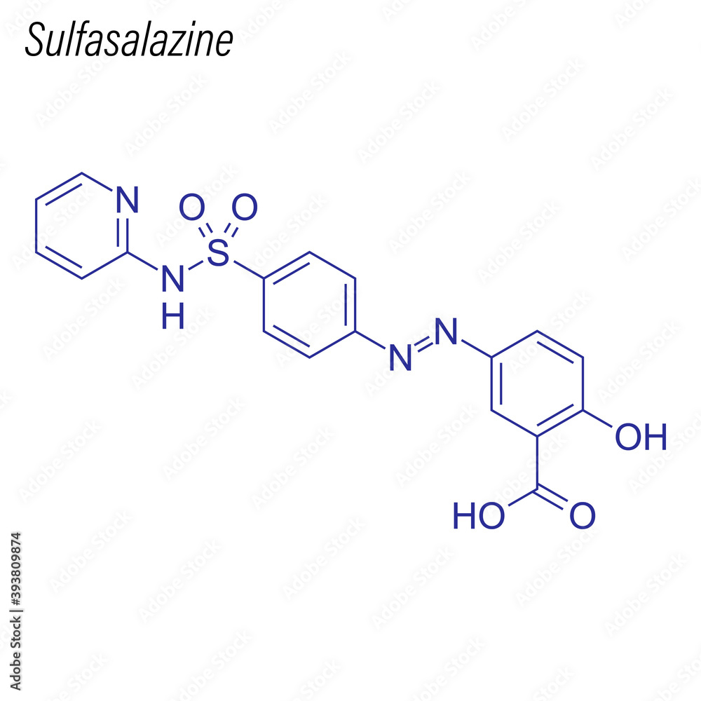 Vector Skeletal formula of Sulfasalazine. Drug chemical molecule.