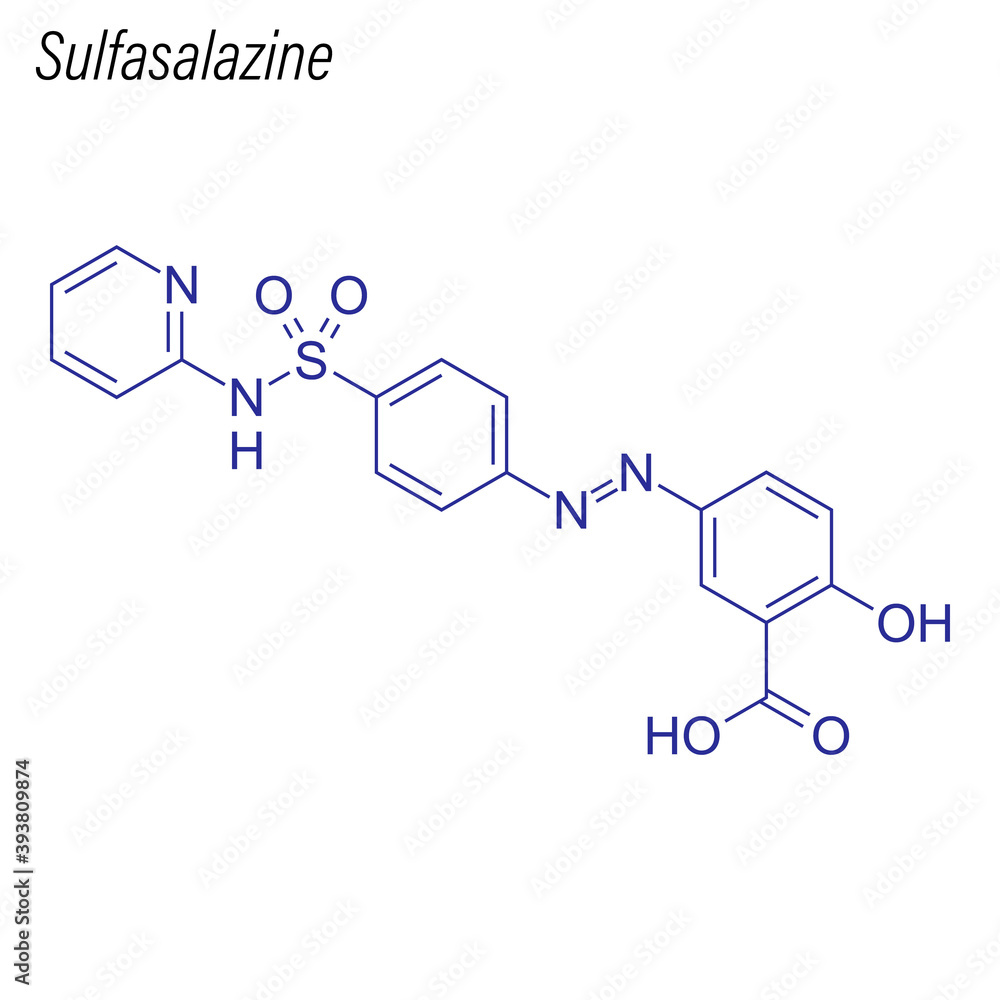 Vector Skeletal formula of Sulfasalazine. Drug chemical molecule. Vector Skeletal formula of Sulfasalazine. Drug chemical molecule.