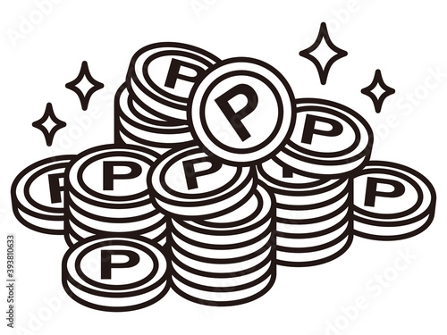 積み重なったポイントコイン(白黒)-Point coin
