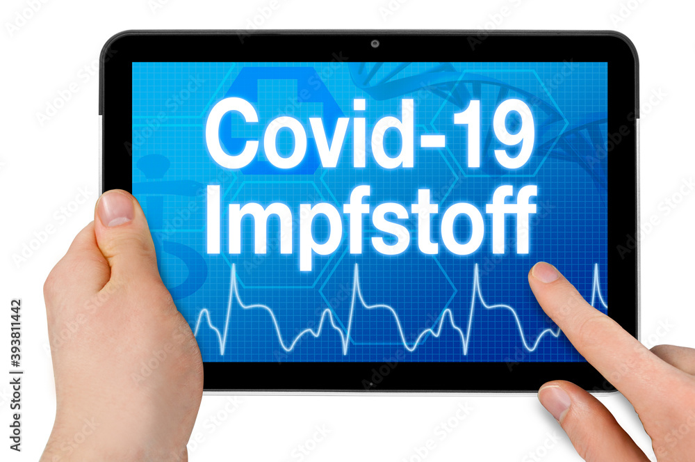 Tablet with medical touchscreen and Covid-19 german translation Vaccine - Impfstoff isolated Tablet with medical touchscreen and Covid-19 german translation Vaccine - Impfstoff isolated