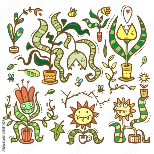 Set with Venus flytraps. Monsters plants print. Comic drawing of  predatory flowers. Vector doodle colorful stickerpack.