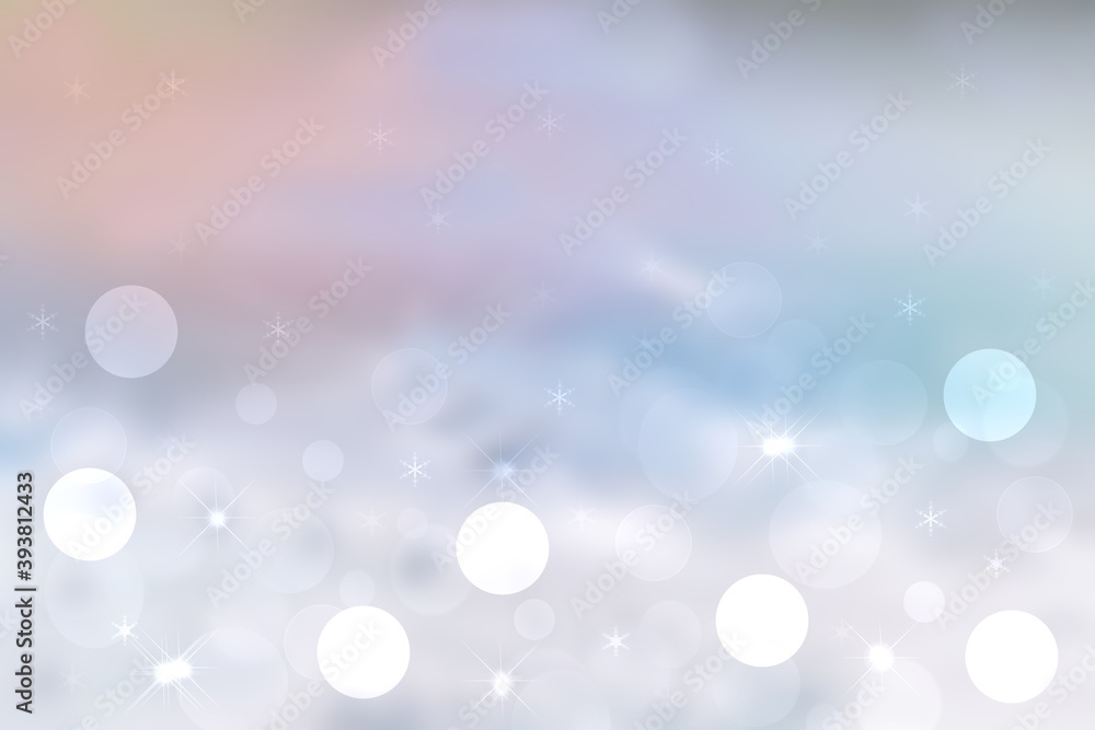 Abstract blurred festive winter christmas background with shiny blue and white bokeh lighted snow landscape with stars and pink cloudy sky.